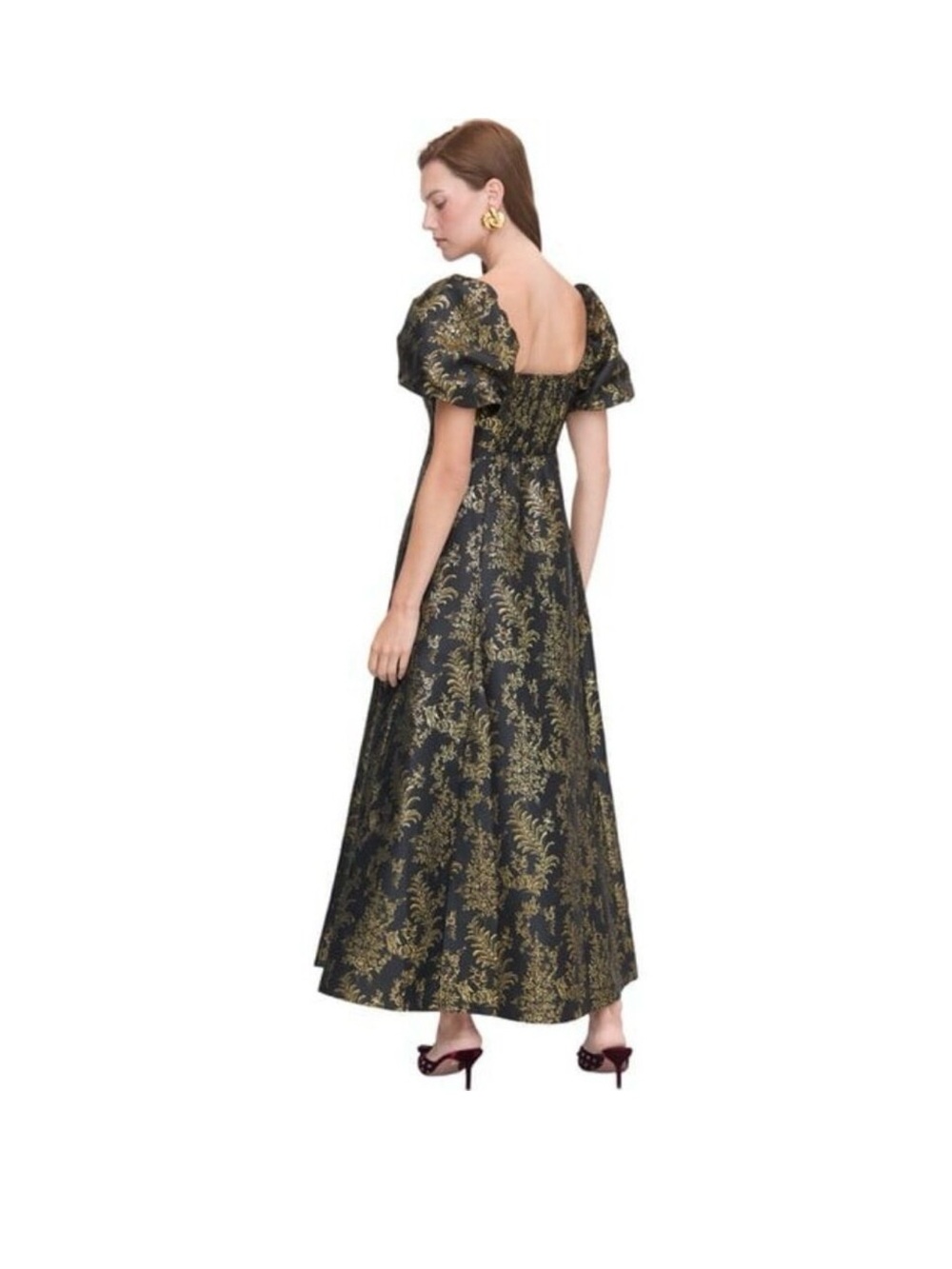 Hill House The Matilda in Black Gold Bird Brocade Smocked Dress size M - Picture 3 of 5